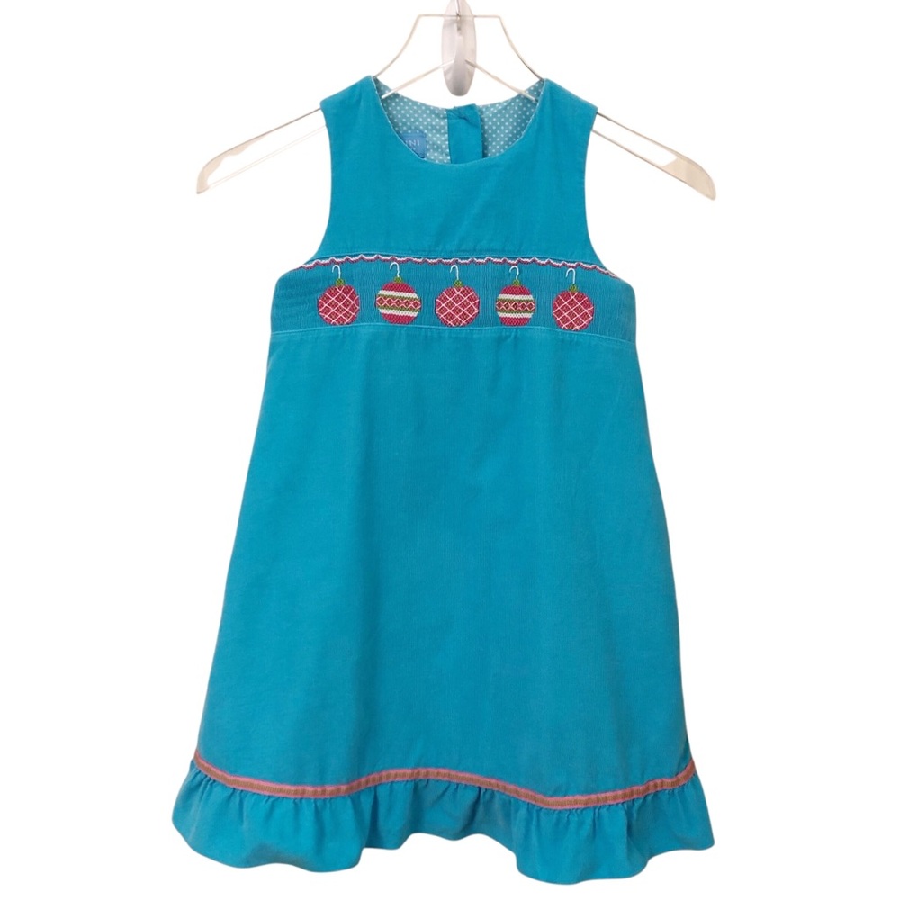 ANAVINI | Christmas Ornament Handsmocked Corduroy Jumper Dress Embroidered Blue